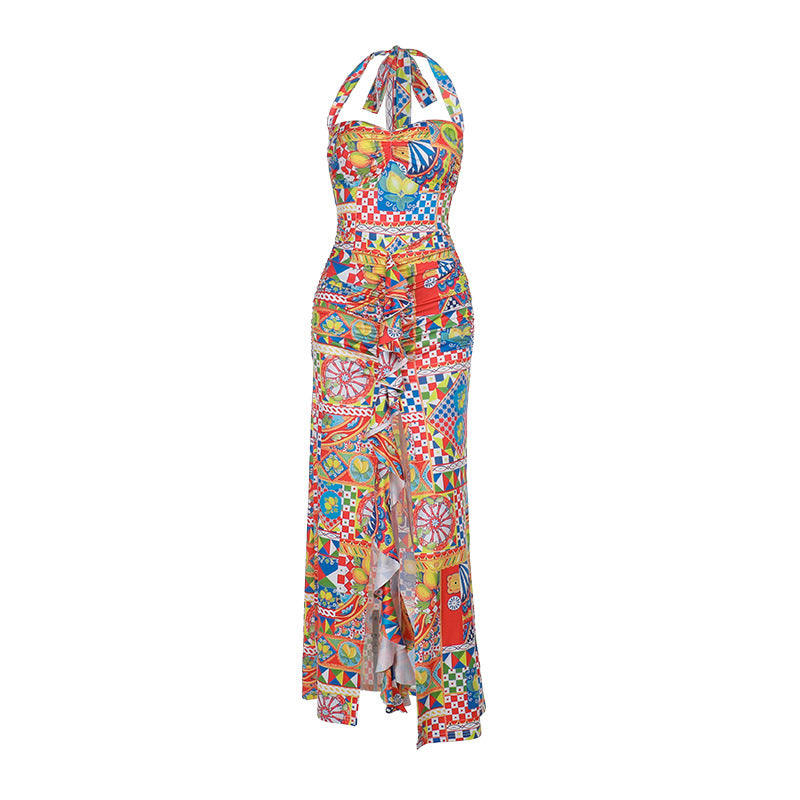 Damen Sommerliches Maxikleid mit buntem Druck und aufregendem Schlitz R&B
