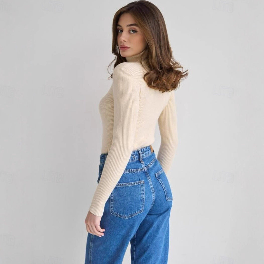 Damen Rippstrickpullover mit hohem Kragen und figurschmeichelndem Schnitt R&B