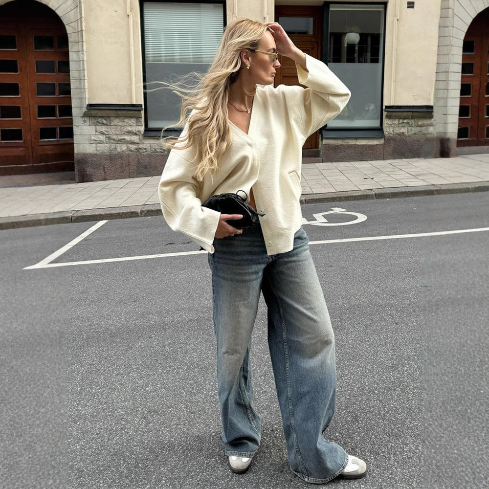 Damen Grobstrickjacke mit tiefem V-Ausschnitt und weiten Ärmeln R&B