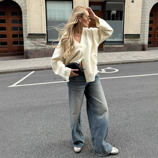 Damen Grobstrickjacke mit tiefem V-Ausschnitt und weiten Ärmeln R&B