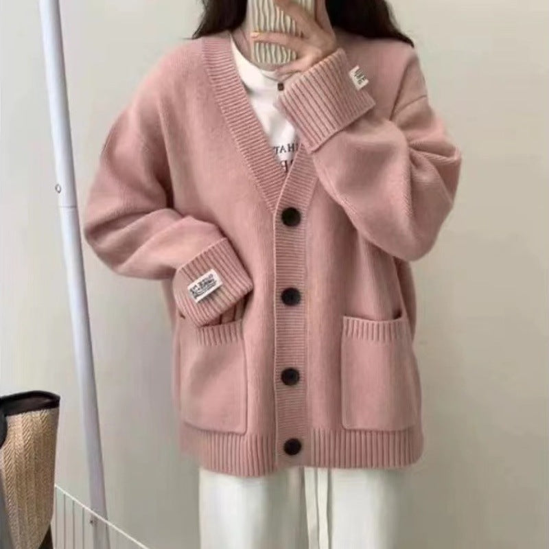 Damen Grob gestrickter Cardigan mit großen Taschen und tiefem V-Ausschnitt R&B