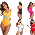 Damen Einteiler Badeanzug mit modischem Print und tiefem Ausschnitt R&B