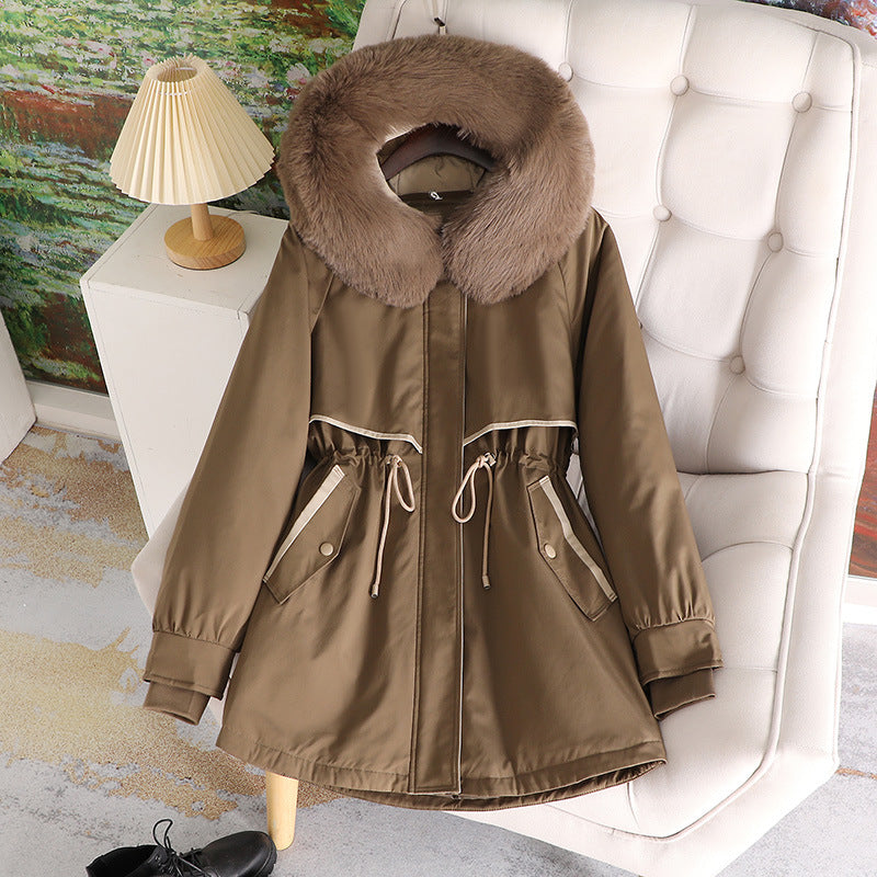 Damen modische Übergangsjacke mit abnehmbarem Kunstfellkragen und Taillenzug R&B