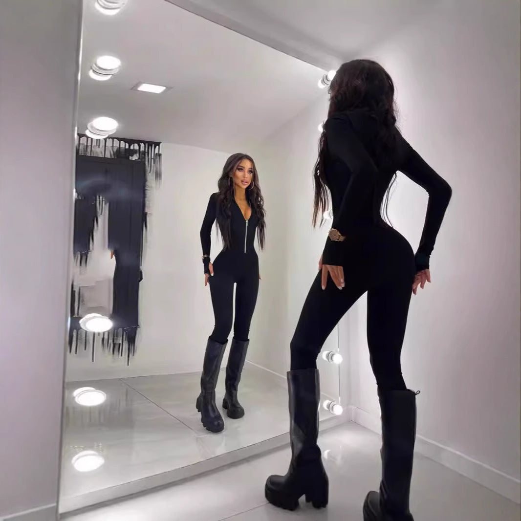Damen Sportlicher Jumpsuit mit Reißverschluss und figurbetontem Schnitt R&B