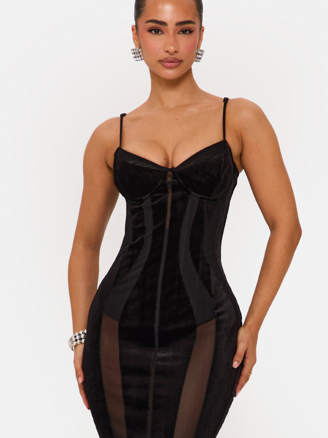 Damen Bodycon Kleid mit raffiniertem Korsett-Oberteil und transparenten Einsätzen R&B