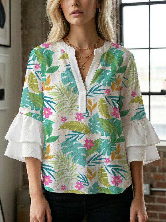 Damen Bluse mit voluminösen Rüschenärmeln und modernem Motiv R&B