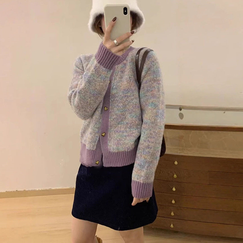 Damen kuschelige Strickjacke mit Herzknöpfen und kontrastierenden Rippdetails R&B