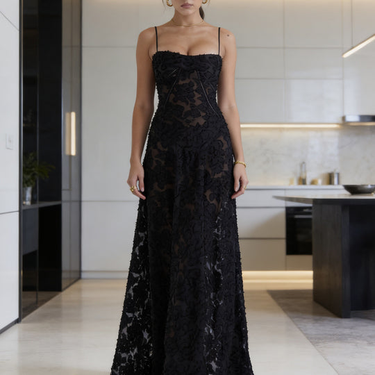Damen Elegantes Abendkleid mit floralem Oberteil und schmalen Spaghetti-Trägern R&B