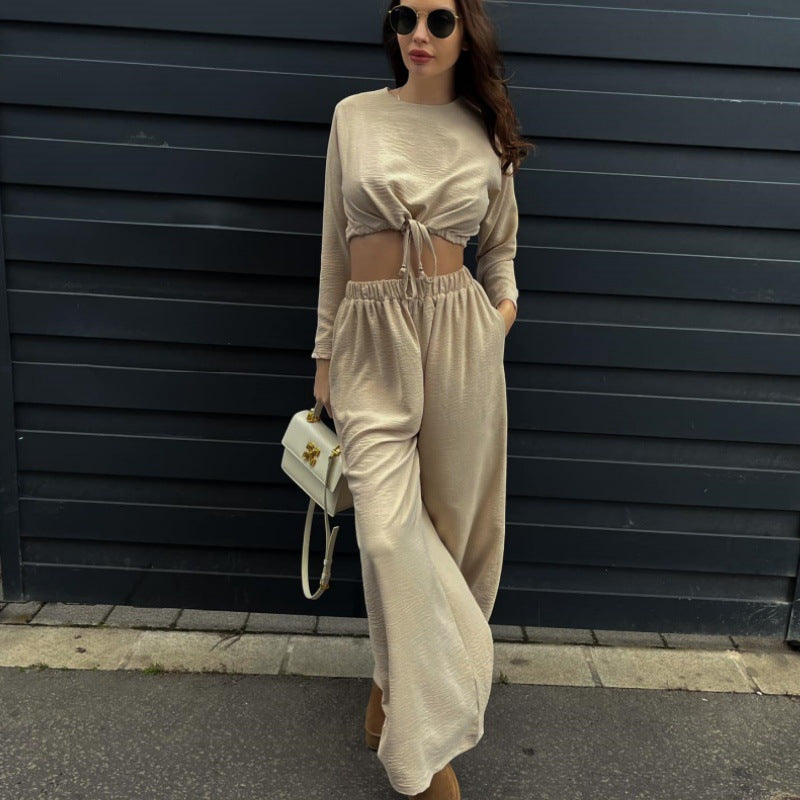 Damen Stylishes Zweiteiler-Set mit raffinierter Crop-Bluse und weiter Hose R&B