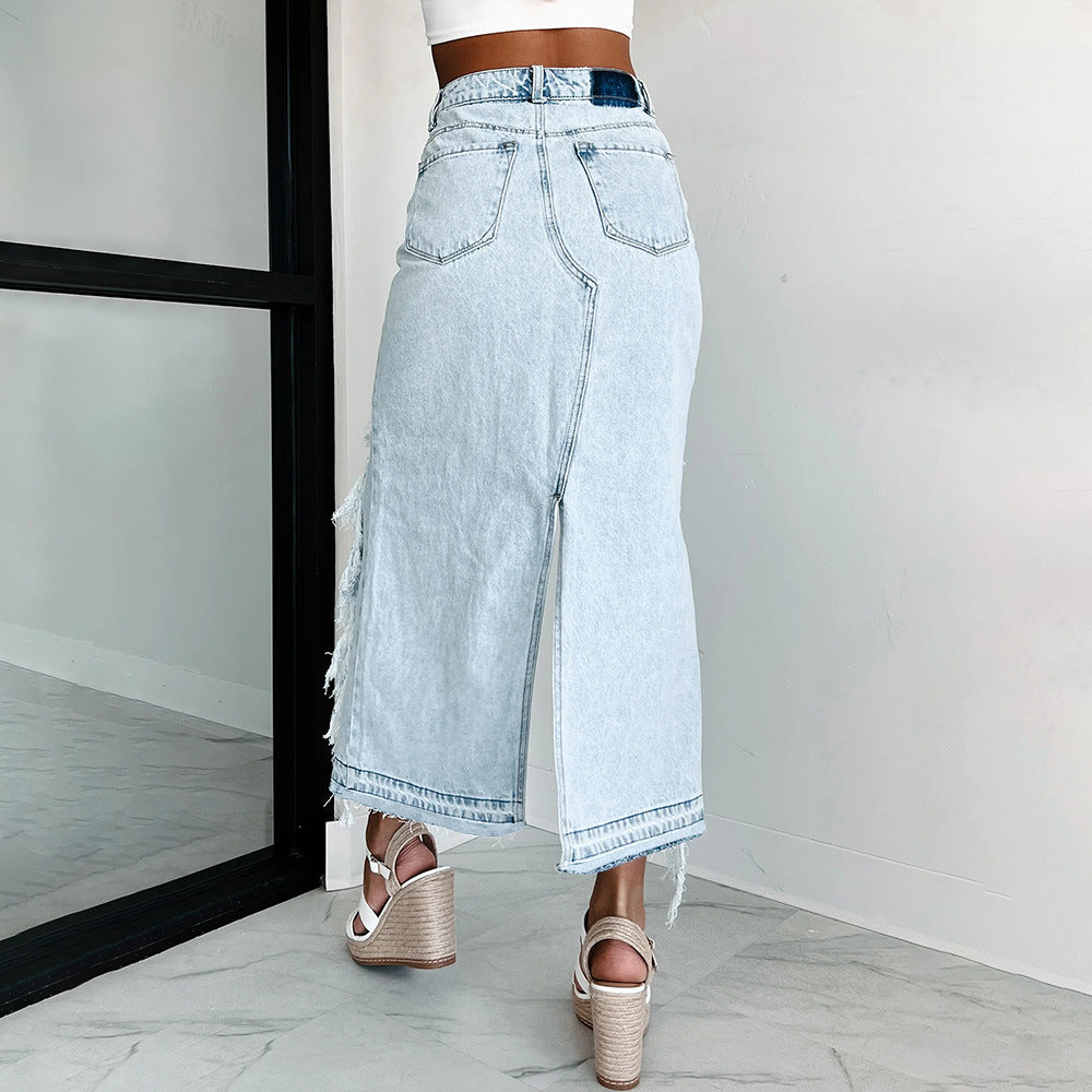 Damen Jeansrock mit asymmetrischem Schnitt und fransigen Details R&B