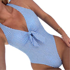 Damen Einteiliger Badeanzug mit verführerischem Knotendetail und stylischen Streifen R&B