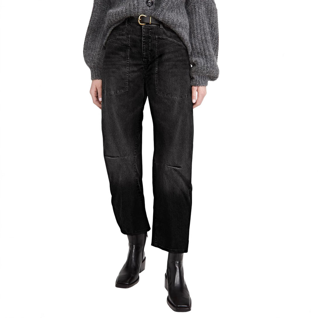 Damen halbhohe Denim-Hose mit einzigartigen aufgesetzten Taschen R&B