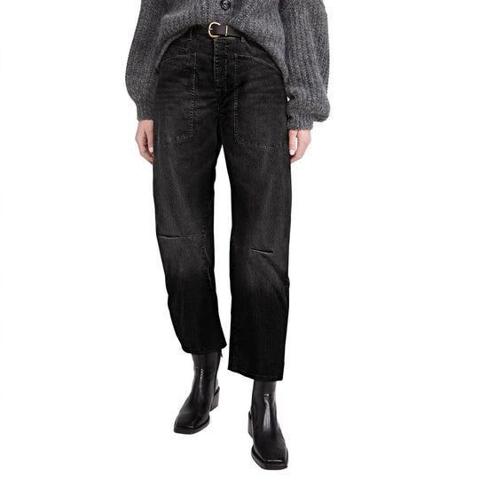Damen halbhohe Denim-Hose mit einzigartigen aufgesetzten Taschen R&B
