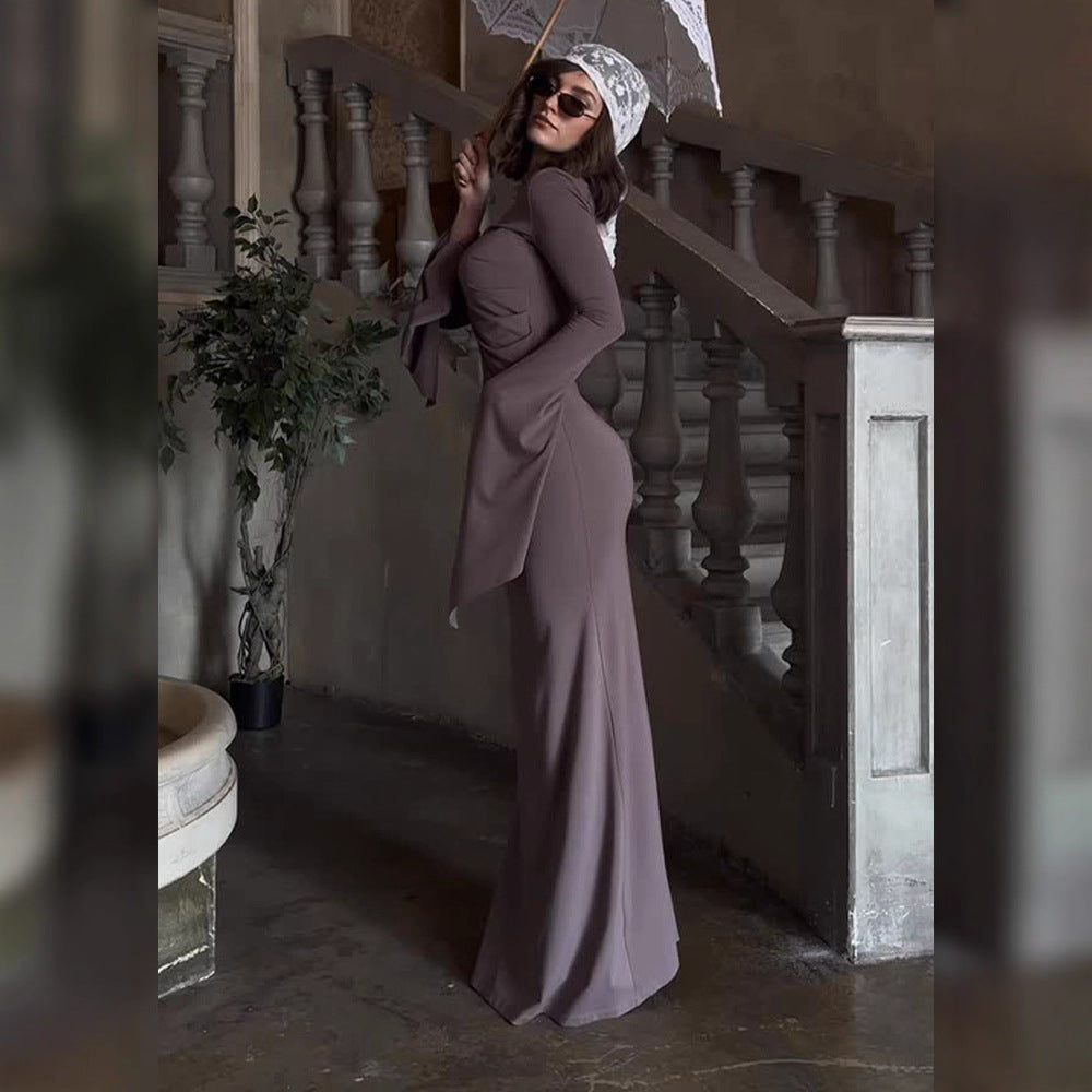 Damen elegantes Maxi-Kleid mit schwingenden Ärmeln und raffinierten Drapierungen R&B