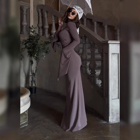 Damen elegantes Maxi-Kleid mit schwingenden Ärmeln und raffinierten Drapierungen R&B