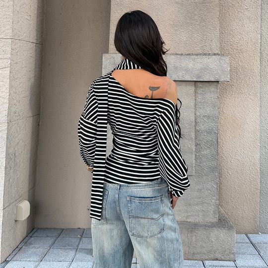 Damen asymmetrisches Streifenoberteil mit schulterfreiem Design und eleganter Schluppe R&B