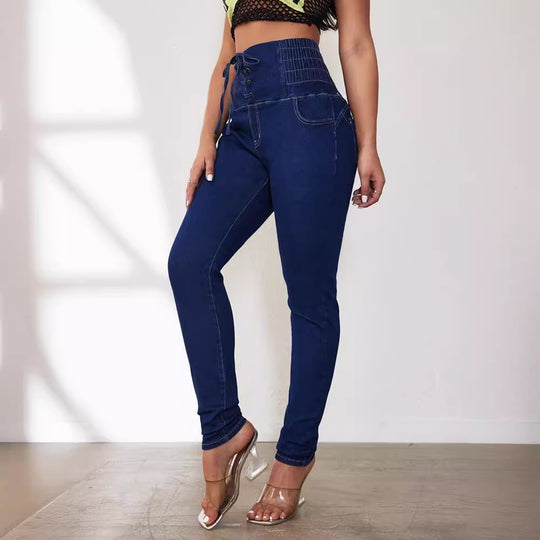 Damen Hochtaillierte Jeans mit verstellbarem Kordelzug und taillierter Passform R&B