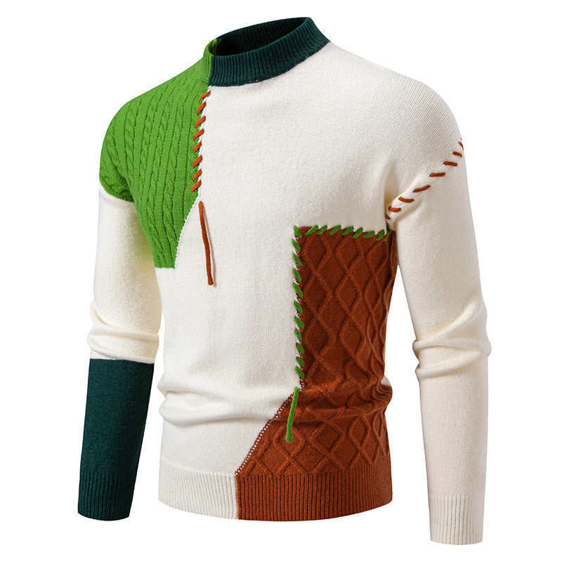 Herren modischer Strickpullover mit kreativen Zopf- und Farbblockdesign R&B