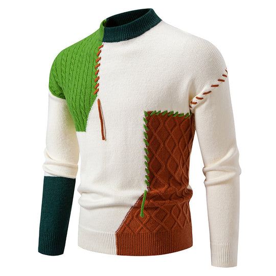 Herren modischer Strickpullover mit kreativen Zopf- und Farbblockdesign R&B
