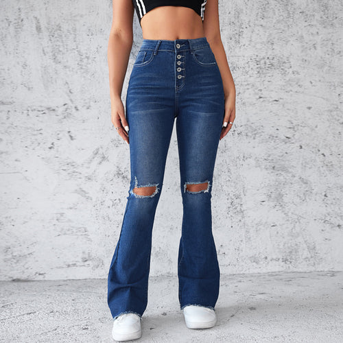 Damen Schlagjeans mit distressed Details und hohem Bund R&B