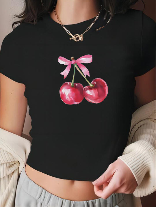 Damen Crop-T-Shirt mit fröhlichem Kirschmotiv R&B
