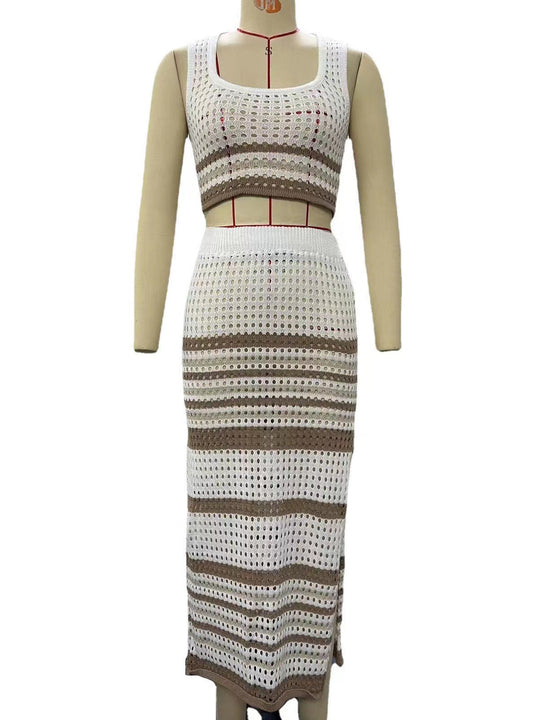 Damen elegantes gestricktes Zweiteiler-Set mit geometrischem Lochdesign R&B