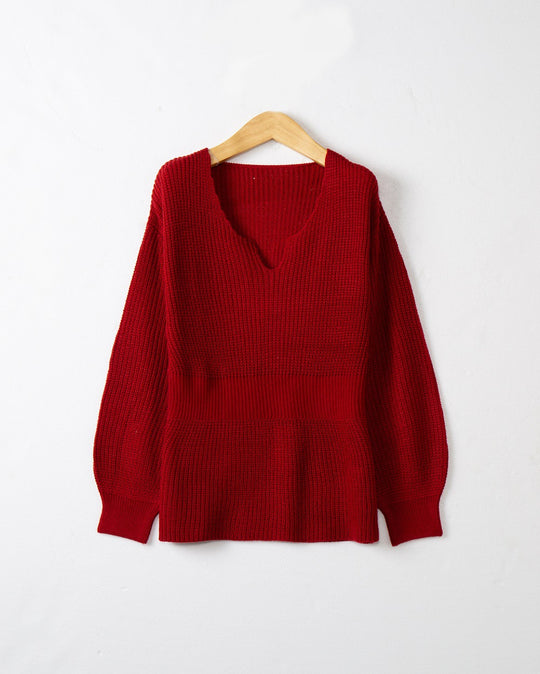 Damen Grobstrickpullover mit tiefem V-Ausschnitt und lässigem Schnitt R&B