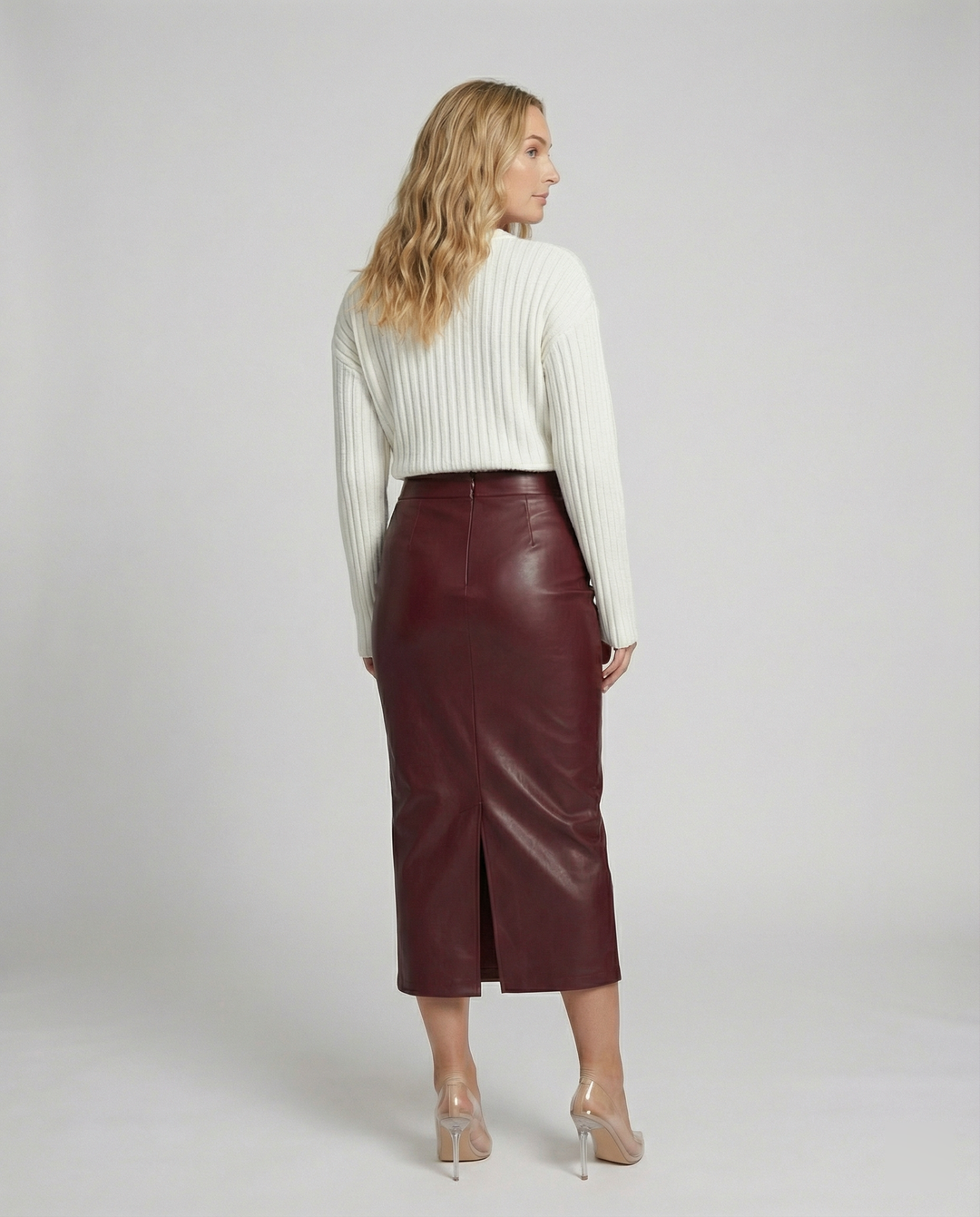 Damen Midi-Rock aus hochwertigem Leder mit Raffung R&B