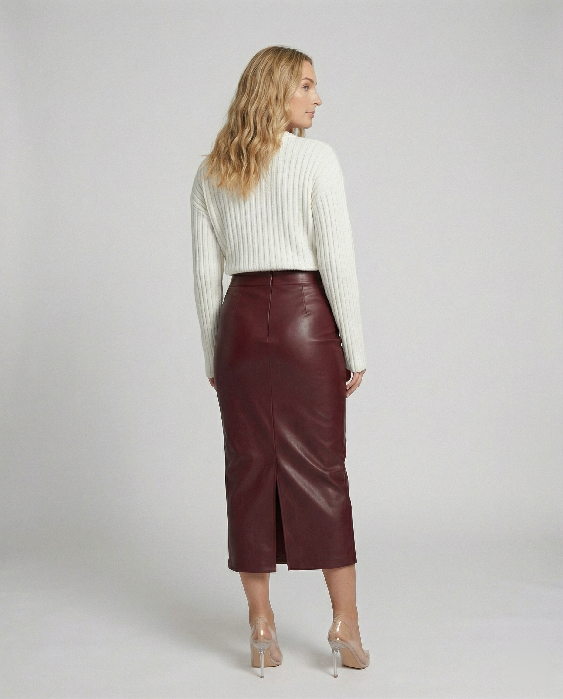 Damen Midi-Rock aus hochwertigem Leder mit Raffung R&B