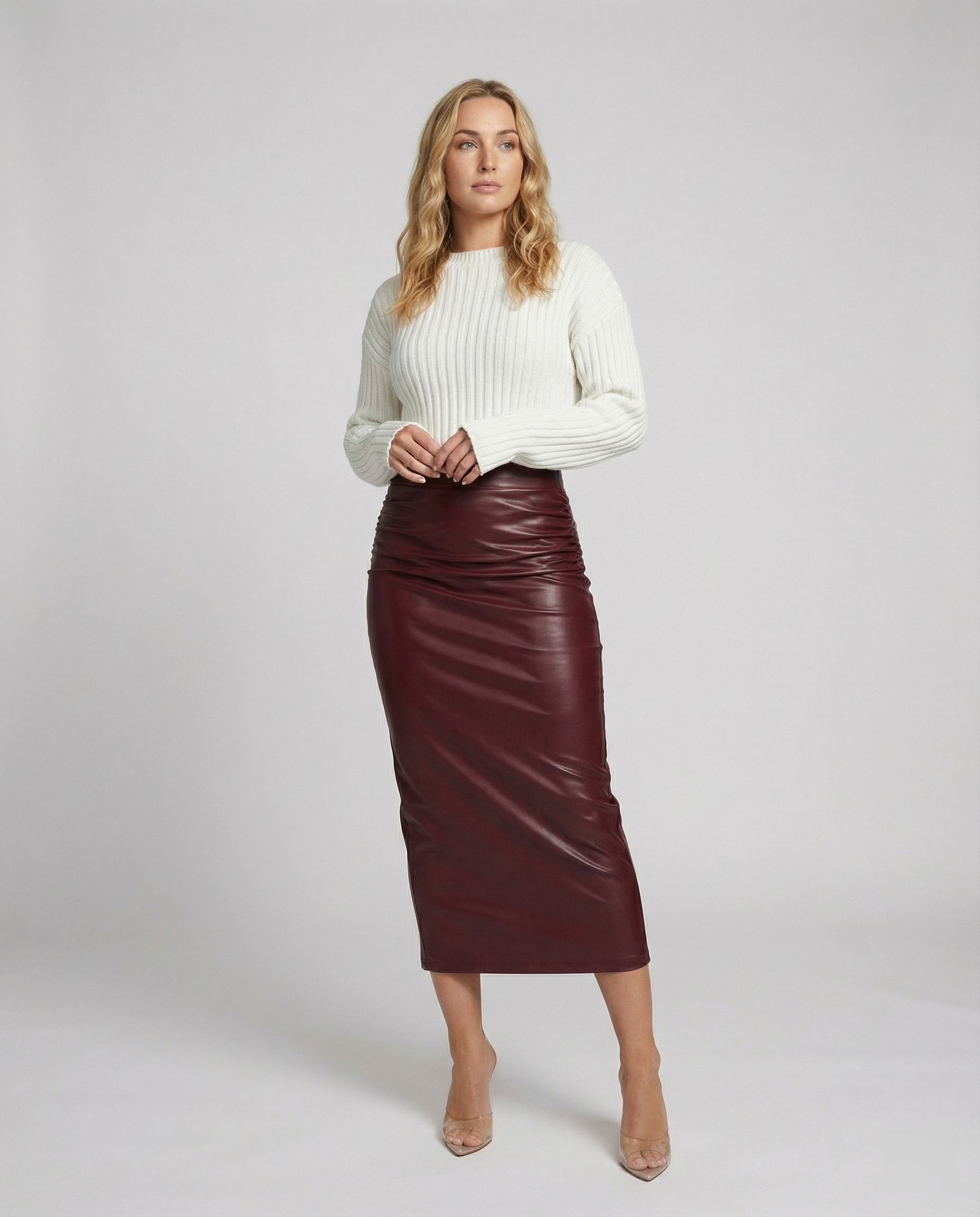 Damen Midi-Rock aus hochwertigem Leder mit Raffung R&B