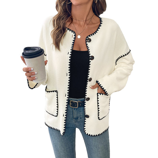 Damen modische Strickjacke mit einzigartigen Kontrastnähten R&B