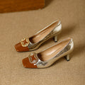 Damen elegante Pumps mit quadratischer Zehenpartie und glanzvollem Schmuckelement