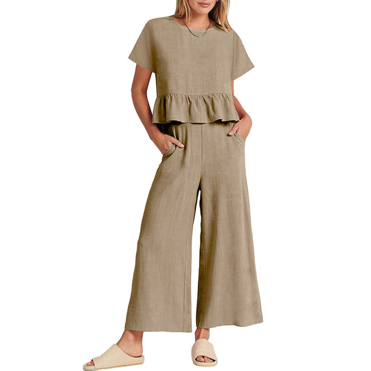 Damen Zweiteiliges Outfit mit fließendem Oberteil und weitem Hosen-Design R&B