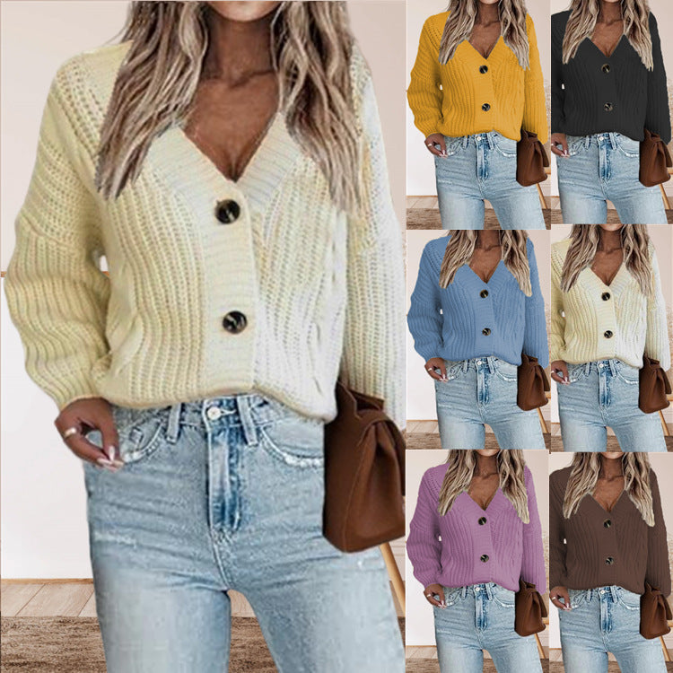 Damen Strickjacke mit dekorativen Knöpfen und tiefem V-Ausschnitt R&B