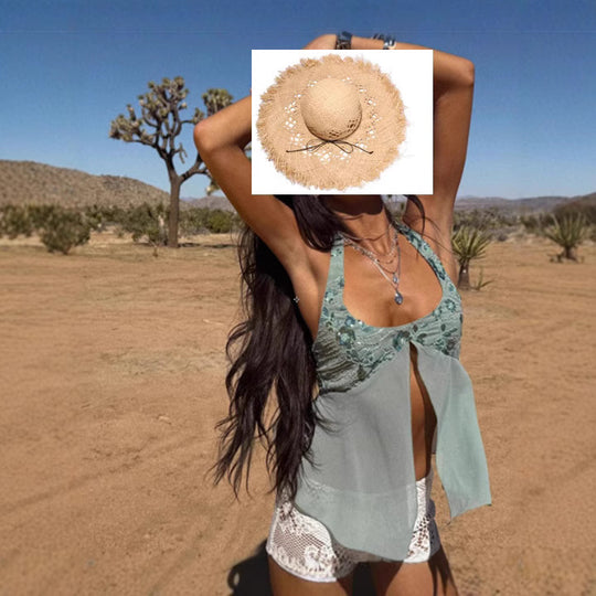 Damen Luftig-fließendes Strandtop mit Rüschendetails und transparenter Blende R&B