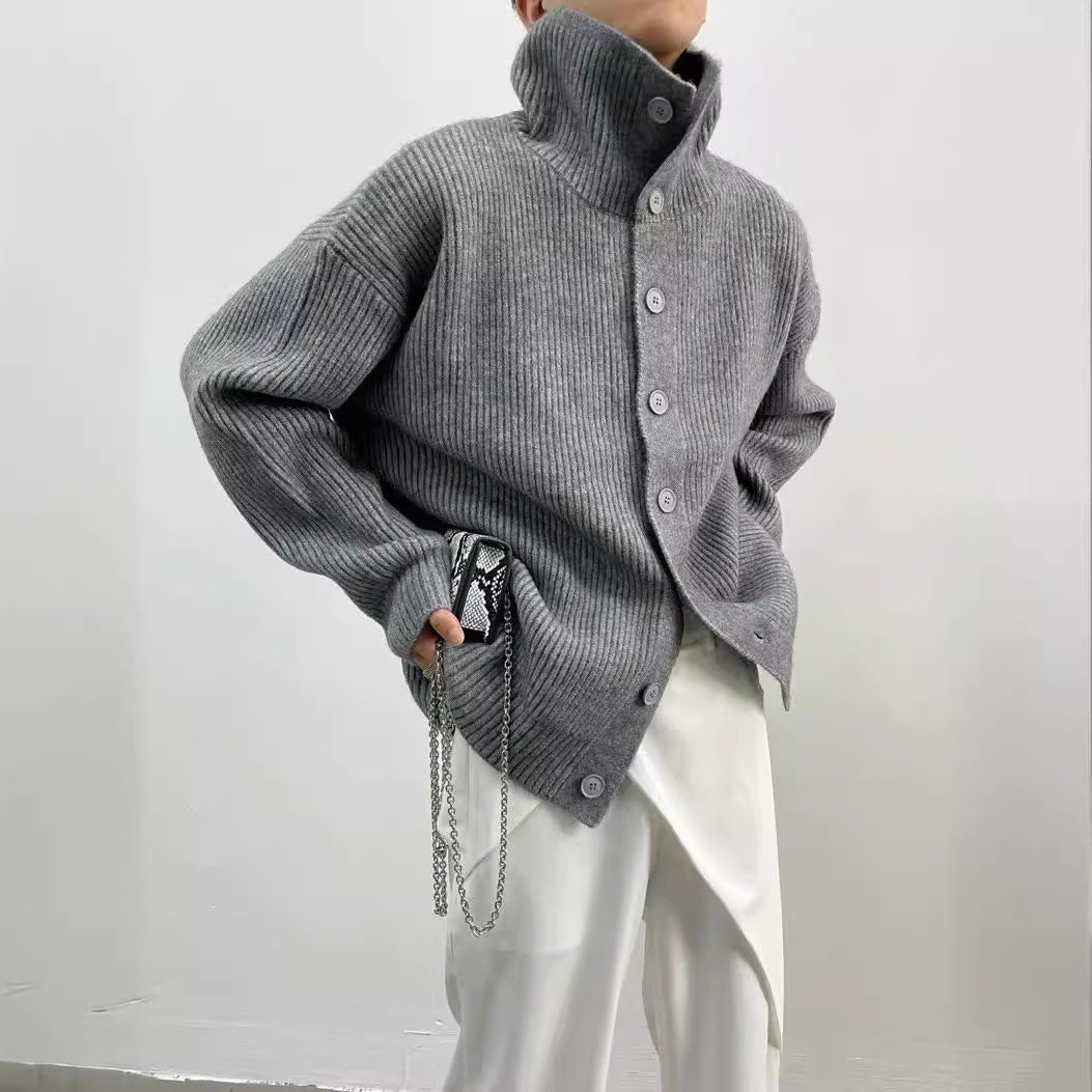 Damen Modischer Strickpullover mit hohem Kragen und Knopfdetails