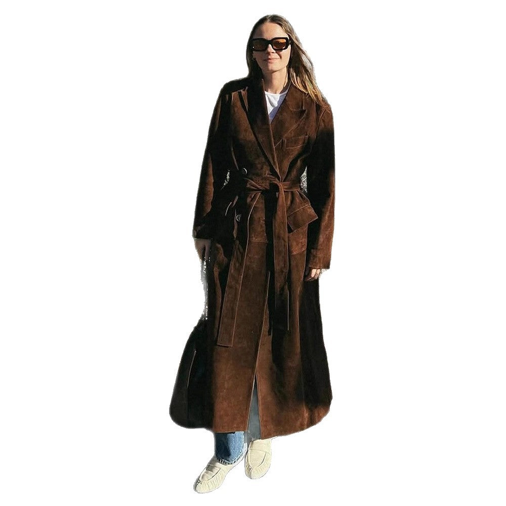 Damen Eleganter Wildledermantel mit Taillengürtel R&B