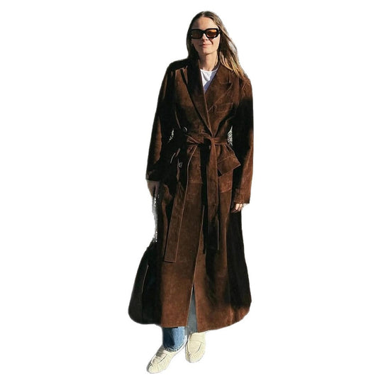 Damen Eleganter Wildledermantel mit Taillengürtel R&B