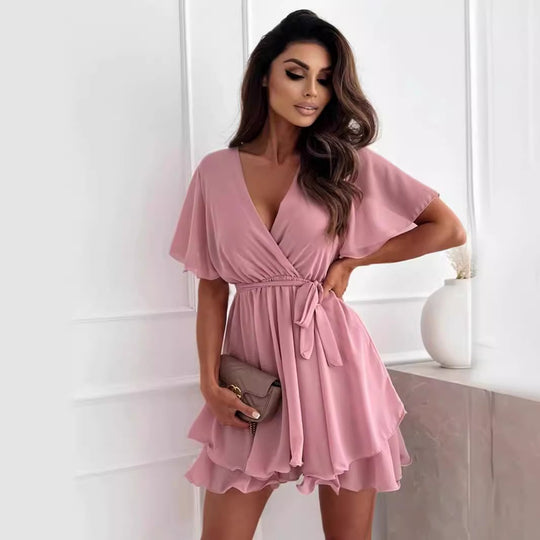 Damen luftiges Wickelkleid mit V-Ausschnitt und schwingendem Rock R&B