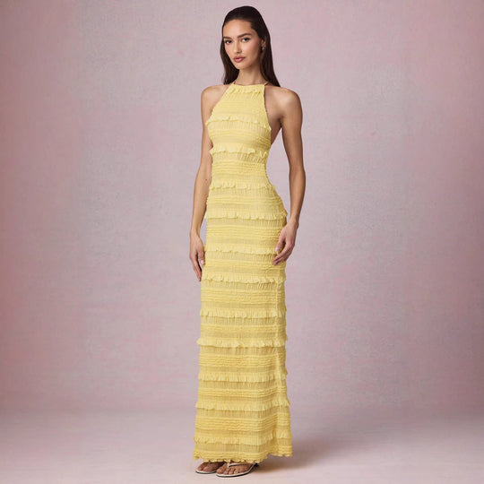 Damen Maxi-Kleid mit fransendem Design und elegantem Halterneck R&B