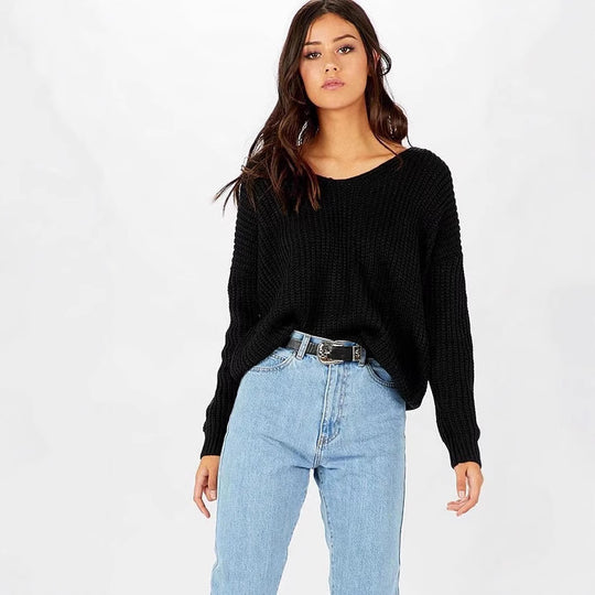 Damen Grobstrickpullover mit lockerer Passform und tiefem Rundhalsausschnitt R&B