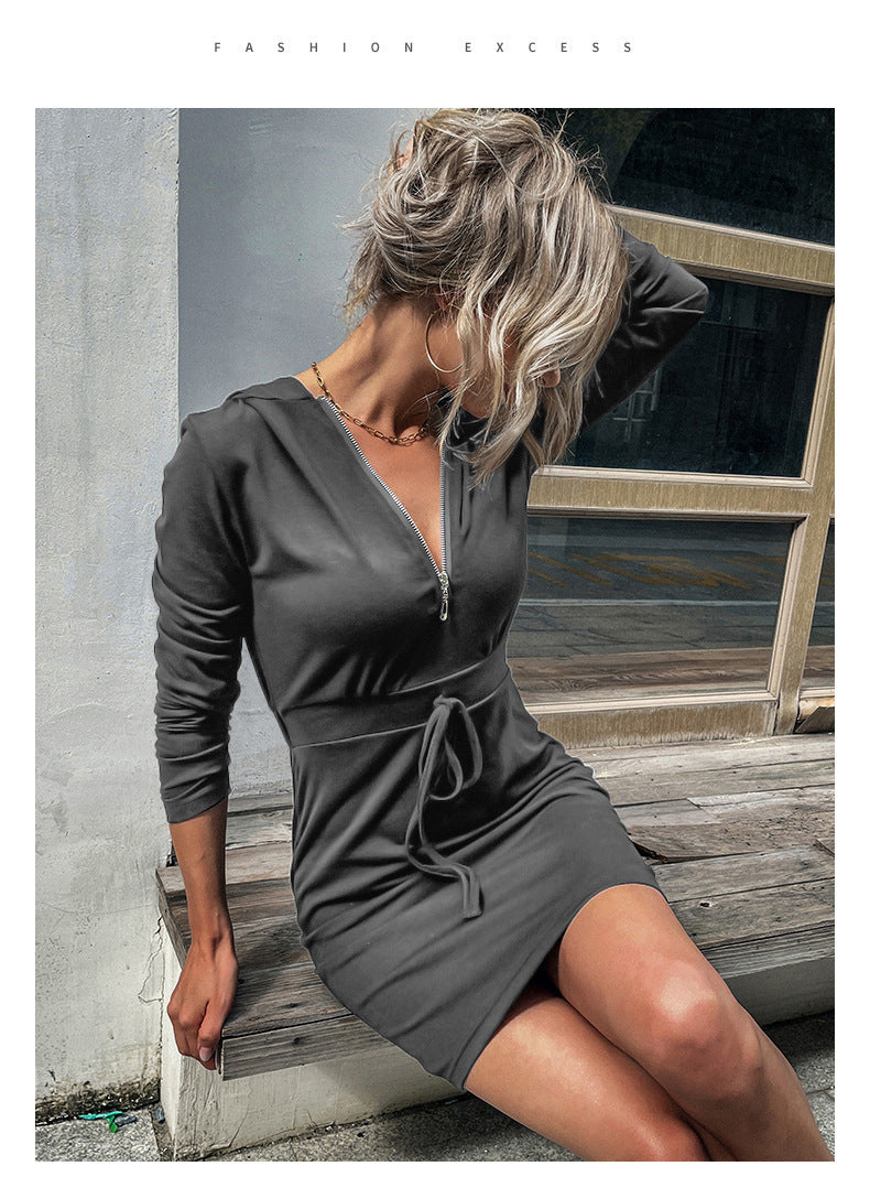 Damen Kapuzenkleid mit Reißverschluss und Taillenzug R&B