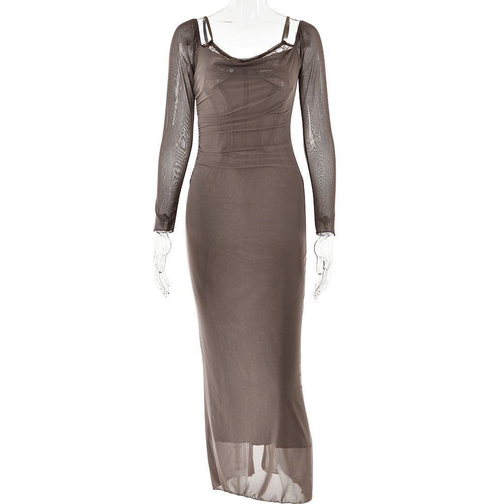 Damen Elegantes Maxikleid mit transparenten Ärmeln R&B