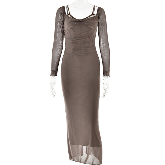 Damen Elegantes Maxikleid mit transparenten Ärmeln R&B