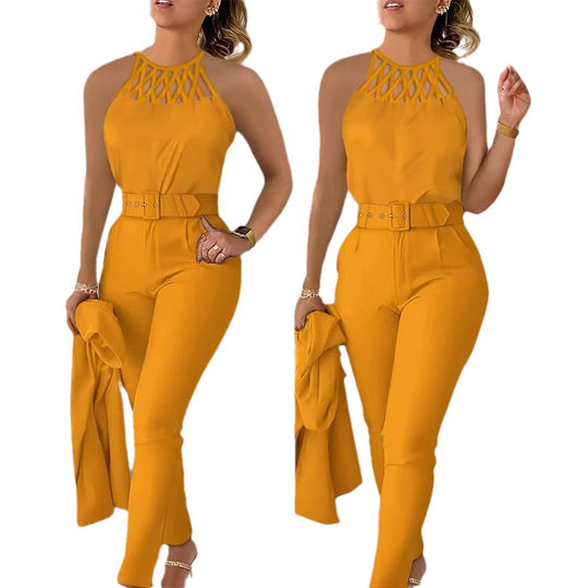 Damen Eleganter Jumpsuit mit schickem Gürtel und raffiniertem Cut-Out R&B