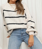 Damen grob gestrickter Pullover mit modernen Streifen und lässigem Schnitt R&B