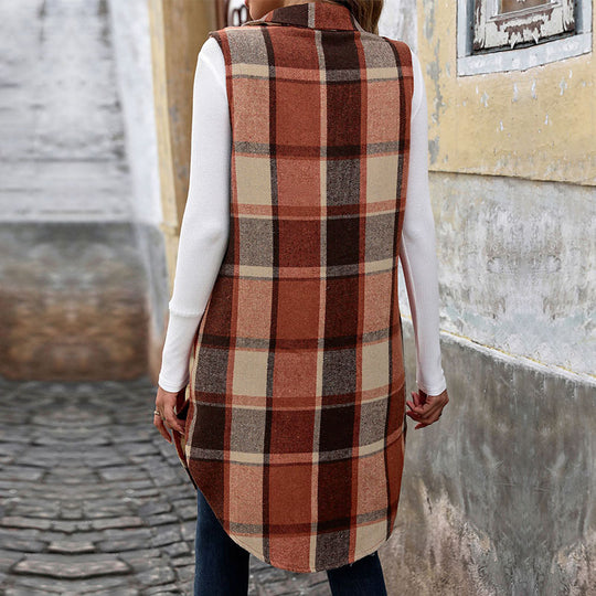 Damen Langarm-Weste mit Karo-Muster und praktischen Taschen R&B