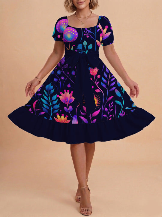 Damen modernes Blumenkleid mit elegantem Taillengürtel und asymmetrischem Saum R&B