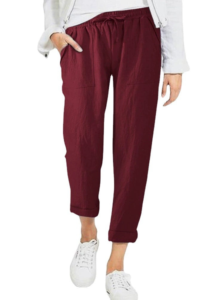 Damen entspannte Leinenhose mit elastischem Bund und praktischen Taschen R&B