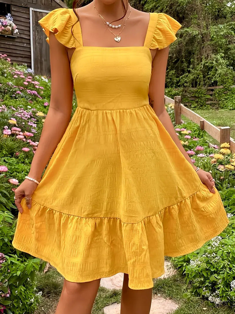 Damen luftiges Baumwollkleid mit Rüschendetails und offenen Rücken R&B